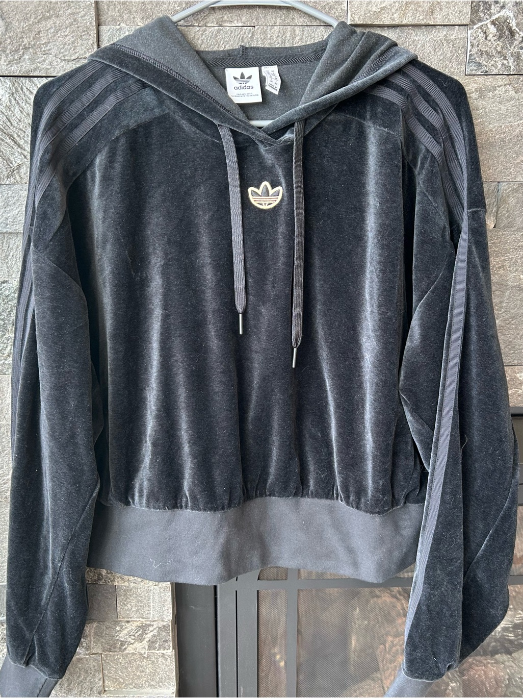 Adidas Black Velour Cropped Hoodie With Trefoil Patch